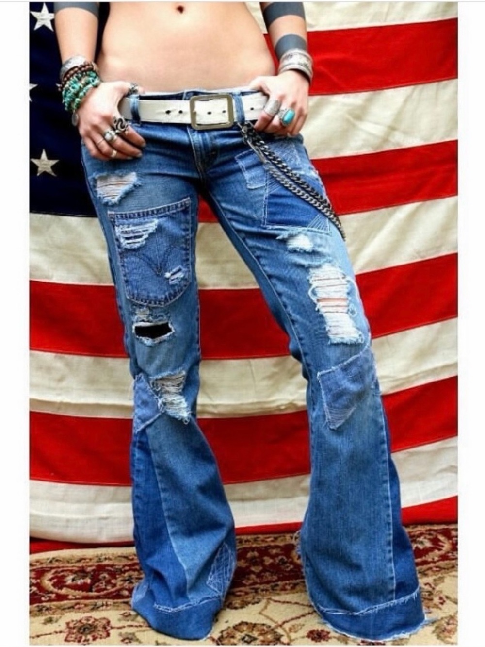 Custom Silver Jeans Dark Blue Distressed Patchwork Flare Bellbottom Jeans